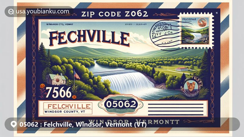 Modern illustration of Felchville, Windsor County, Vermont, showcasing the iconic Felchville Falls in a beautiful natural setting, with prominent display of ZIP code 05062 and town name. Features Vermont state flag, vintage stamp, postal mark, and a charming mailbox at the bottom.
