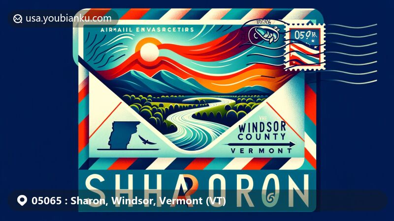 Modern illustration of Sharon, Windsor County, Vermont, showcasing postal theme with ZIP code 05065, featuring White River and Vermont state flag.