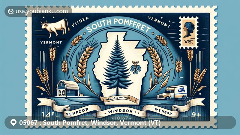 Modern illustration of South Pomfret, Windsor County, Vermont, capturing elements of the Vermont state flag with blue background, pine tree, wheat sheaves, cow, and motto 'Freedom and Unity', featuring postal stamp and mailbox designs.