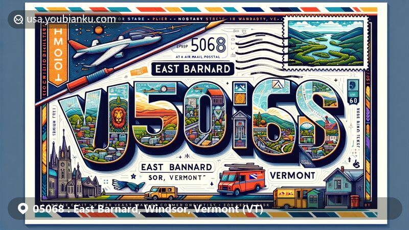 Modern illustration of East Barnard, Windsor County, Vermont, showcasing postal theme with ZIP code 05068, featuring Vermont state symbols, Windsor County map outline, and iconic East Barnard landmark or scenic view.