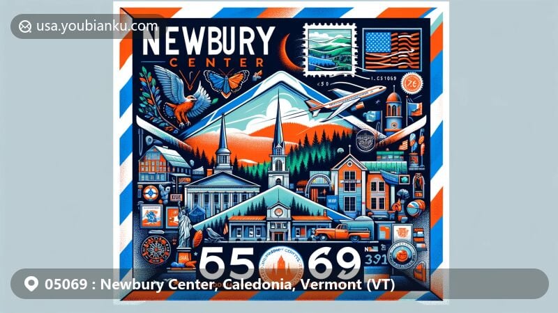 Modern illustration of Newbury Center, Caledonia County, Vermont, highlighting postal theme with ZIP code 05069, featuring state flag, county shape, and local landmarks.