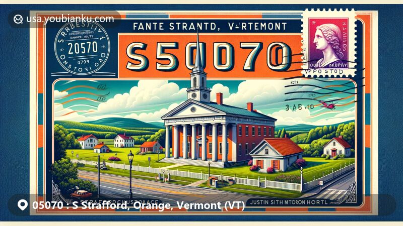 Modern illustration of S Strafford, Orange County, Vermont, showcasing postal theme with ZIP code 05070, featuring Greek Revival and Gothic Revival architecture of Strafford Village Historic District.