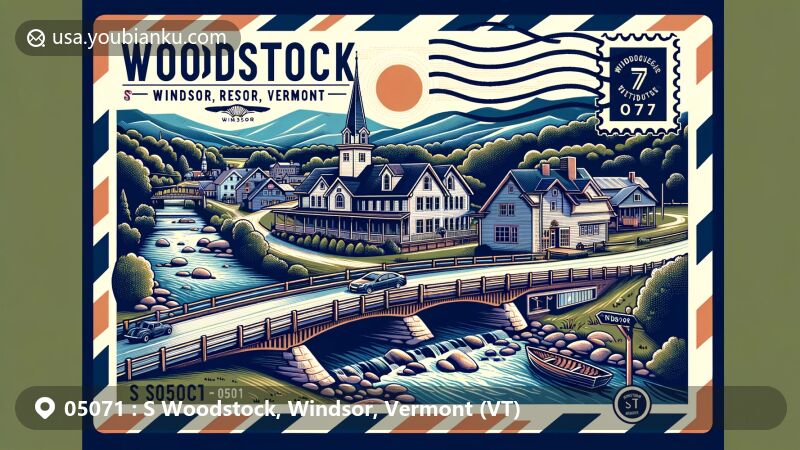 Modern illustration of S Woodstock, Windsor, Vermont, showcasing New England architecture with Woodstock Inn & Resort, Middle Covered Bridge, and Billings Farm & Museum, as well as Green Mountains and Ottauquechee River, in a postcard/airmail envelope style with postal elements and ZIP code 05071.