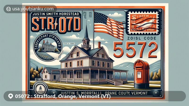 Modern illustration of Strafford, Orange County, Vermont, showcasing Justin Smith Morrill Homestead, a historic landmark with classic architecture, and Vermont state flag, combined with postal elements like vintage postage stamp and old-fashioned mailbox, designed for ZIP code 05072.