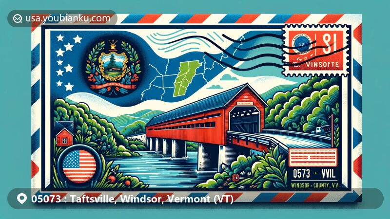 Vintage illustration of Taftsville, Windsor County, Vermont, showcasing postal theme with ZIP code 05073, featuring Taftsville Covered Bridge and Vermont state symbols.