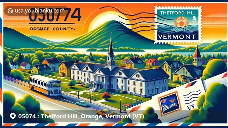 Modern illustration of Thetford Hill, Orange County, Vermont, capturing 19th-century village center and Thetford Academy, with Vermont state flag postage stamp on airmail envelope showcasing ZIP code 05074.