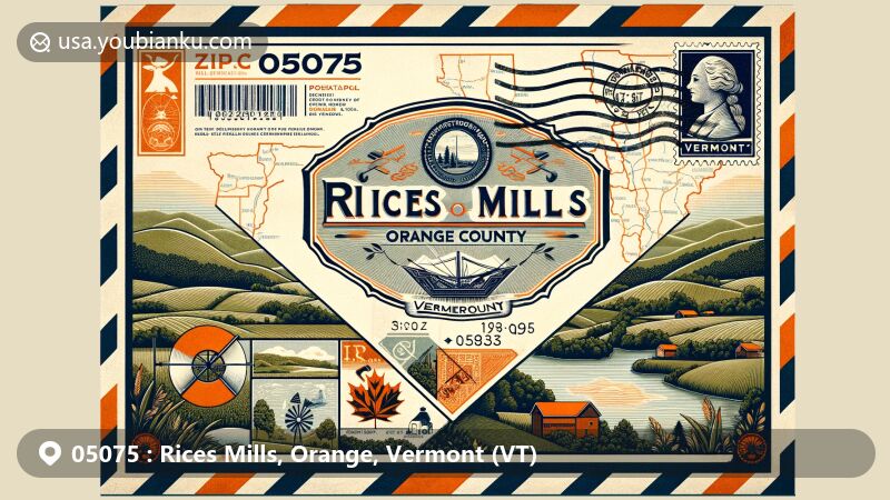 Vintage-style airmail envelope illustration representing ZIP code 05075 in Rices Mills, Orange County, Vermont, featuring state flag, rolling hills, and subtle map of Orange County. Includes classic U.S. postage stamp with Vermont symbol and cancellation mark.