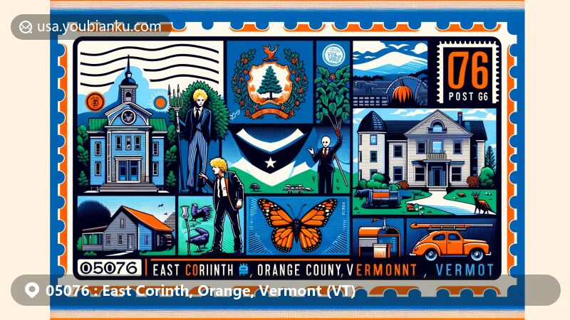 Modern illustration of East Corinth, Orange, Vermont (VT), depicting a blend of regional charm and postal elements, inspired by the state flag with the coat of arms and motto 'Freedom and Unity'. Includes iconic scene from 'Beetlejuice' filmed in the village, and symbols of Vermont's cultural heritage like the sugar maple tree and hermit thrush. Incorporates creative postal elements like a postcard with postage stamp, postmark with 05076 ZIP code, mailbox, and mail truck, creating a visually appealing representation of the area.