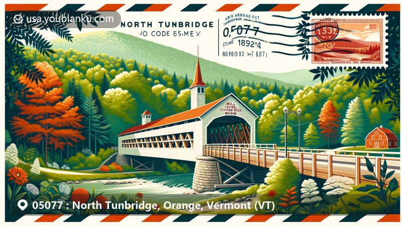Modern illustration of North Tunbridge, Orange County, Vermont, depicting the Mill Covered Bridge, Howe Covered Bridge, and Larkin Covered Bridge in a lush green landscape with various tree species, including white birch, yellow birch, American beech, red spruce, red maple, sugar maple, white ash, hemlock, and white pine. Features elements of Tunbridge World's Fair, such as agricultural displays and historical references, resembling a postcard or air mail envelope.