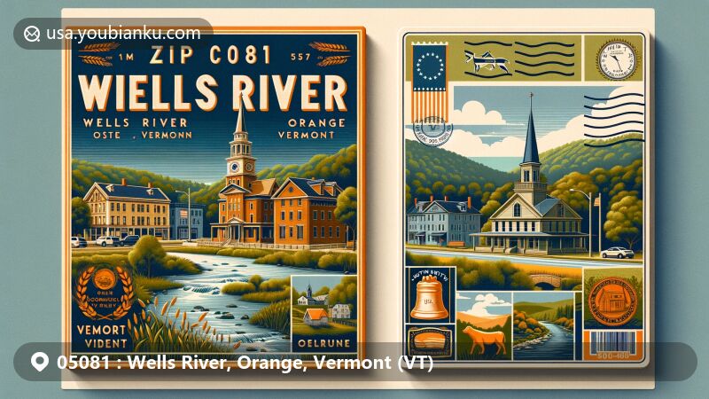 Modern illustration of Wells River, Orange County, Vermont, showcasing postal theme with ZIP code 05081, featuring historical buildings, state flag, Gothic Revival architecture, and scenic river view.