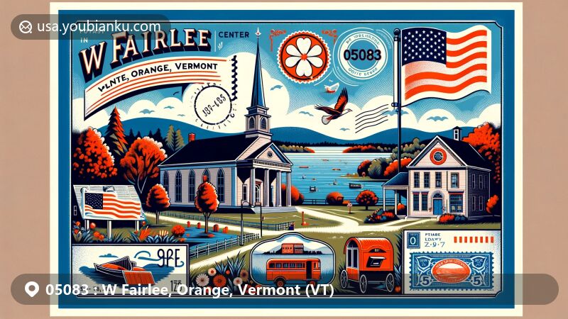 Modern illustration of W Fairlee, Orange, Vermont, capturing the essence of postal theme with ZIP code 05083, featuring iconic landmarks like West Fairlee Center Church, Asa May House, and tranquil Lake Fairlee, blending Vermont state symbols including red clover, state flag, coat of arms, and motto, alongside postal elements such as postmark, postage stamp, vintage mail carriage, and traditional mailbox.