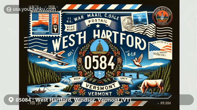 Modern illustration of West Hartford, Windsor County, Vermont, showcasing postal theme with ZIP code 05084, featuring White River and Vermont state flag.
