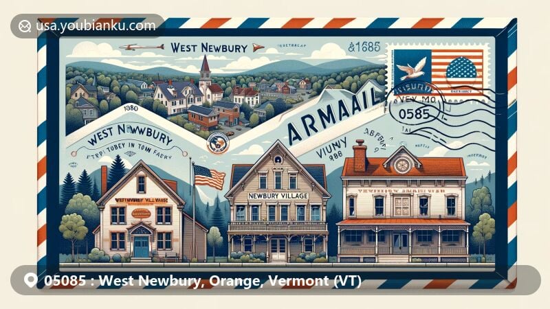 Modern illustration of West Newbury, VT, featuring historic village buildings, Newbury Village Store facade, Tucker Mountain Town Forest, with postal stamp inscribed '05085' and distinctive flag design.
