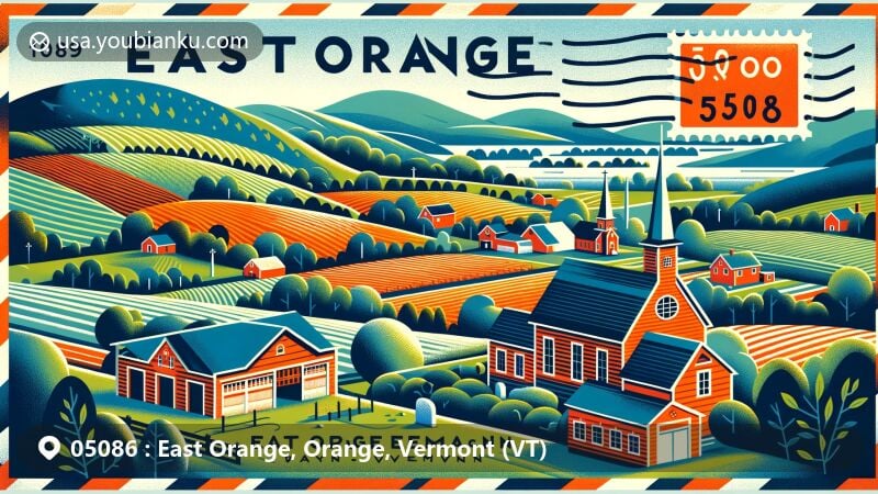 Modern illustration of East Orange, Vermont, showcasing rural landscape with rolling hills, farmlands, and East Orange hamlet, featuring East Orange Cemetery, Leech Hill, and Mayston Hill, with postal theme including ZIP code 05086.