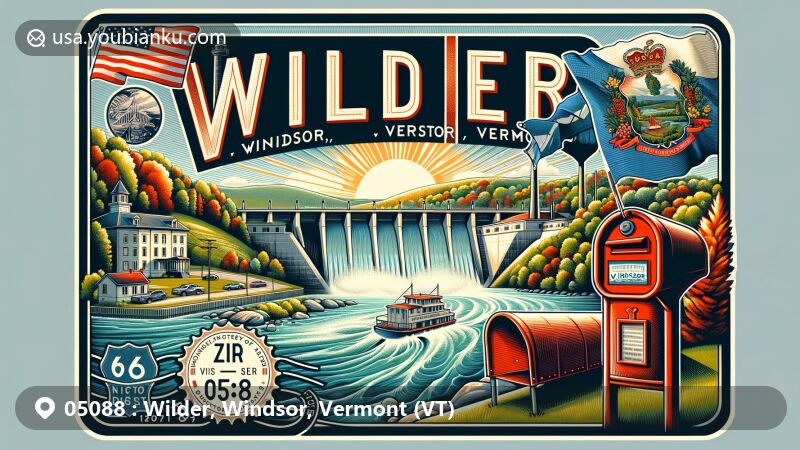 Modern illustration of Wilder, Windsor County, Vermont, with ZIP code 05088, featuring Wilder Dam on Connecticut River, Vermont state flag, and postal communication elements.