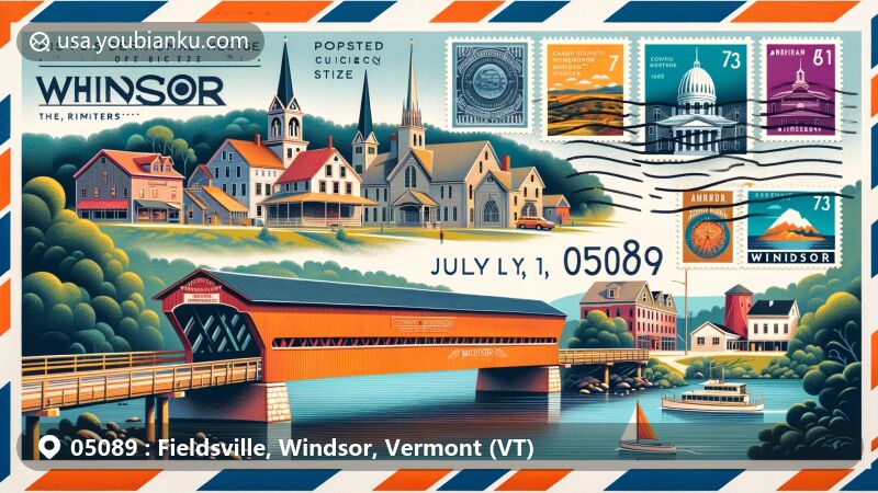 Modern illustration of Windsor and Fieldsville, Windsor County, Vermont, featuring Cornish–Windsor Covered Bridge, American Precision Museum, Connecticut River, and Windsor Village Historic District, with U.S. postage stamps of local landmarks and 2023 postmark.