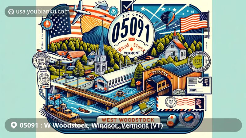Vintage-style illustration of West Woodstock, Windsor County, Vermont, paying tribute to ZIP code 05091, showcasing state flag, landmarks like West Woodstock Bridge and Lincoln Covered Bridge.