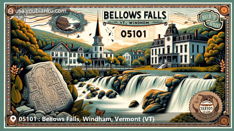 现代插图，展示美国邮政编码05101对应的Vermont州Windham县Bellows Falls的特色。前景细致描绘Bellows Falls史迹的古老岩画，以及标志性的19世纪维多利亚建筑。背景中，康涅狄格河代表地理重要性。顶部显示“Bellows Falls, VT 05101”。一枚复古邮票装饰一角，展示佛蒙特州州旗和05101邮政编码。