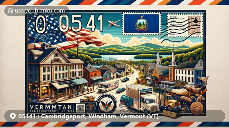 Modern illustration of Cambridgeport, Vermont, showcasing postal theme with ZIP code 05141, featuring Cambridgeport Country Store, Post Office, Windham County scenery, and Vermont state flag.
