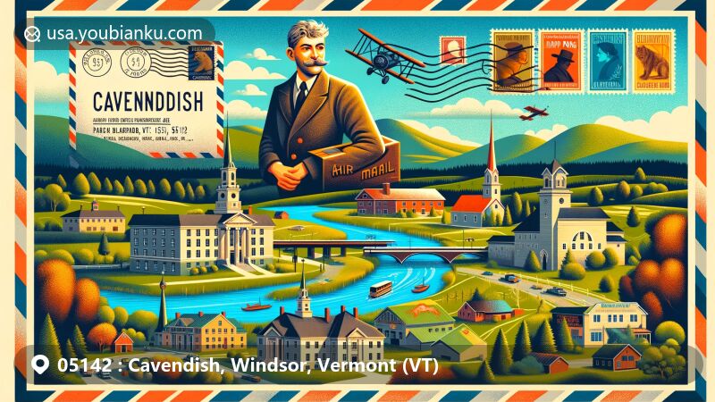 Modern illustration of Cavendish, Vermont, featuring vintage-style postcard with prominent ZIP code 05142, showcasing key landmarks including Black River, Knapp Pond Wildlife Management Area, and historic buildings like Academy Building and Cavendish Stone Church.