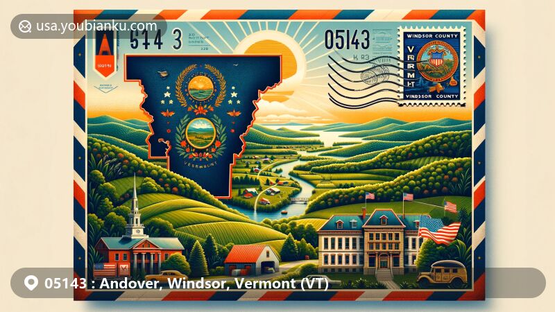 Modern illustration of Andover, Windsor County, Vermont, showcasing postal theme with ZIP code 05143, featuring picturesque rural landscape, Vermont state flag, and Windsor County map outline.