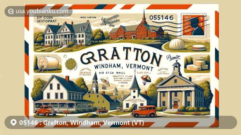 Modern illustration of Grafton, Windham, Vermont showcasing postal theme with ZIP code 05146, featuring Grafton Village Historic District, Grafton Inn, Grafton Village Cheese factory, and Plummer's Sugar House.