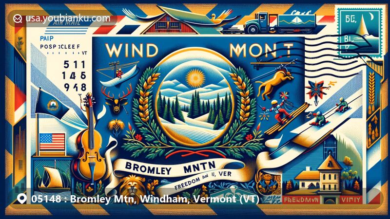 Modern illustration of Bromley Mtn, Windham, Vermont, showcasing iconic ski slopes and zip line, featuring Vermont state flag with symbols of forests, agriculture, and wildlife.