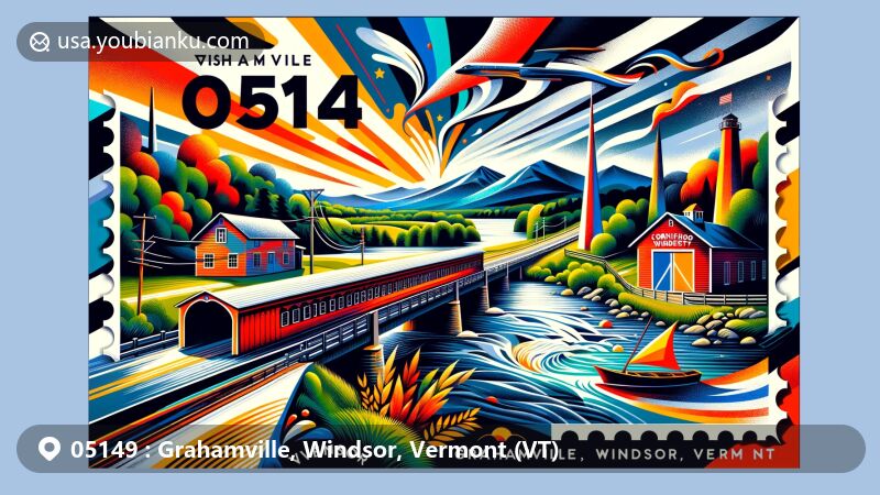 Modern illustration of Grahamville, Windsor, Vermont with postal theme showcasing ZIP code 05149, featuring Mount Ascutney, Connecticut River, and Cornish-Windsor Covered Bridge.
