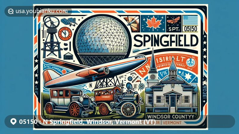 Modern illustration of N Springfield, Windsor County, Vermont, featuring vintage airmail envelope design with landmarks like Stellafane Observatory and Eureka Schoolhouse, incorporating Vermont symbols like maple leaf and state flag.