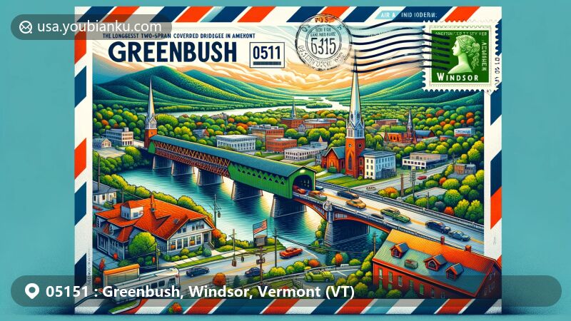 Illustration of Greenbush, Windsor County, Vermont, showcasing postal theme with ZIP code 05151, featuring the Windsor-Cornish Bridge, historic downtown area, Connecticut River, Mount Ascutney, postage stamp, postmark, and classic mailbox.