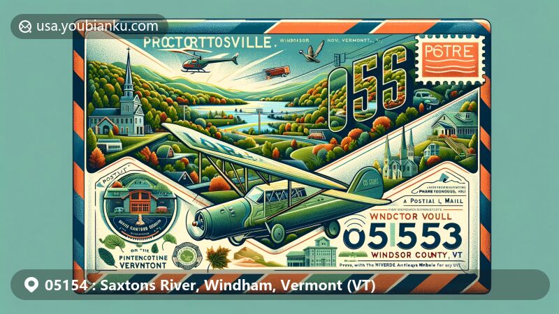 Modern illustration of Saxtons River, Vermont, showcasing postal theme with ZIP code 05154, featuring Vermont Academy, Saxtons River Inn, Congregational Church, Main Street Arts, along with river and forest scenery.