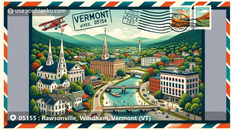 Creative illustration of Rawsonville, Windham County, Vermont, honoring founder Baily Rawson, surrounded by Vermont symbols like maple leaves and state flag, featuring vintage postal theme with ZIP code 05155 and classic red mailbox design.