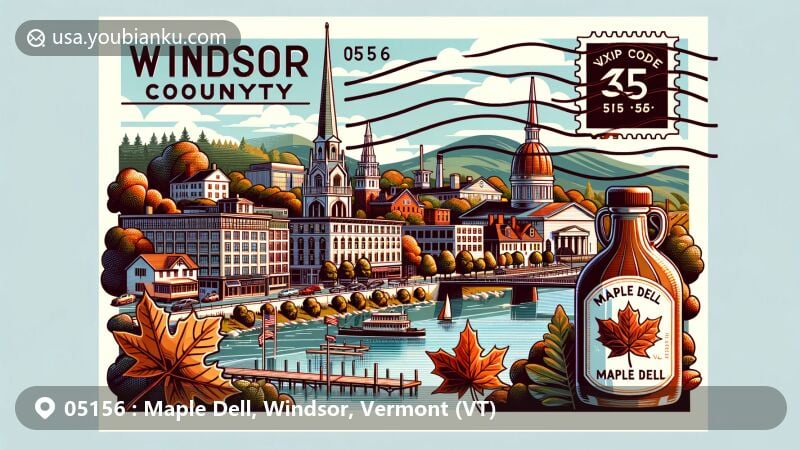 Modern illustration of Maple Dell, Windsor County, Vermont, featuring scenic views of Connecticut River, historical landmarks, and Vermont Maple Festival elements, such as maple syrup bottle and leaves, with postal theme including ZIP code 05156.