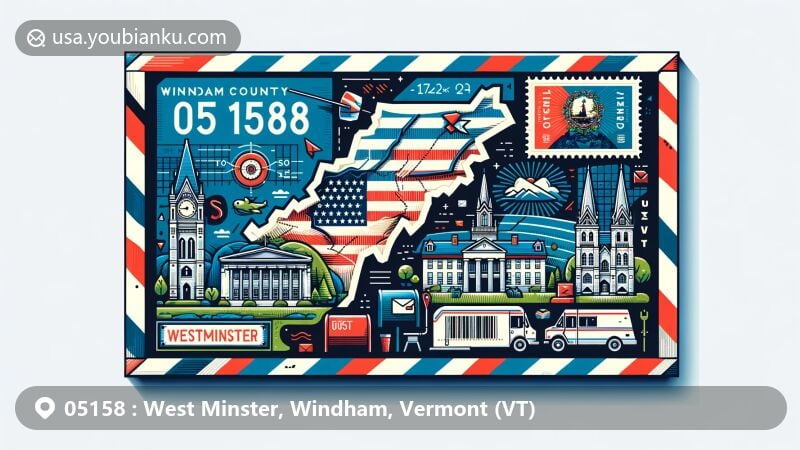 Modern illustration of Westminster, Windham County, Vermont, highlighting postal theme with ZIP code 05158, featuring Vermont state flag and local symbols.