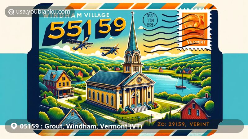 Modern illustration of Windham Village Historic District, Vermont, highlighting Grout Pond and Greek Revival Congregational Church, with a postal theme showcasing ZIP code 05159.
