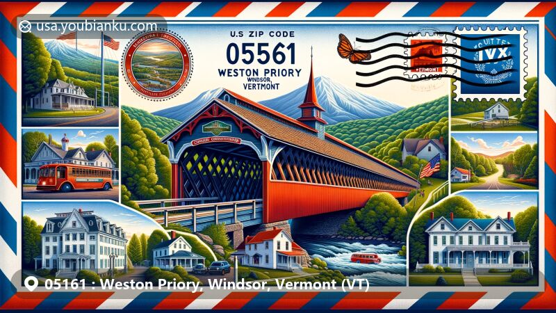 Modern illustration of Weston Priory, Windsor, Vermont, showcasing Cornish-Windsor Covered Bridge, Old Constitution House, Vermont state flag, and Mount Ascutney, featuring vintage airmail design with ZIP code 05161 and postal elements.