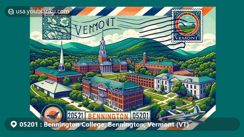 Modern illustration of Bennington College, Bennington, Vermont, featuring creative postal theme with Vermont state flag, iconic buildings like Commons and CAPA, lush greenery, and Bennington Battle Monument on a colorful airmail envelope with ZIP code 05201.