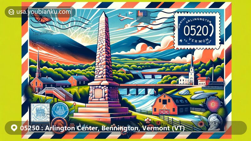Modern illustration of Arlington Center, Bennington, Vermont, highlighting postal theme with ZIP code 05250, showcasing Bennington Battle Monument, Taconic Range, Green Mountains, Battenkill river, and Silk Road Covered Bridge.