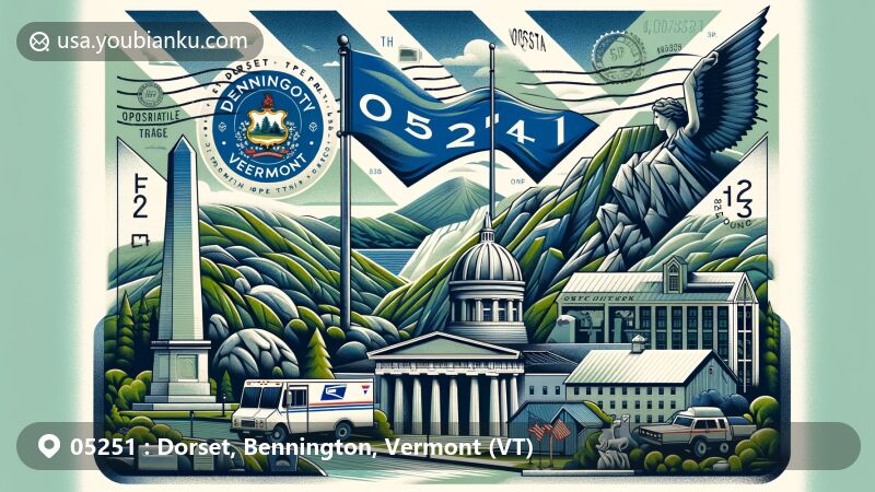 Modern illustration of Dorset, Bennington County, Vermont, showcasing the Dorset Marble Quarry and Vermont state flag with a postal theme featuring ZIP code 05251.