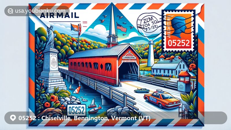 Modern illustration of Chiselville, Bennington, and Vermont state flag, celebrating ZIP code 05252 with postal elements like postmark, stamp, and mailbox, designed as a vintage airmail envelope.