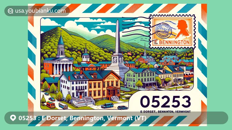 Colorful illustration of E Dorset, Bennington, Vermont, in the style of an air mail envelope, featuring Bennington Battle Monument, Dorset Village Historic District architecture, and Green Mountains sketches, with bold ZIP code 05253.