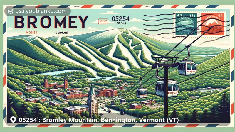 Modern illustration of Bromley Mountain, Vermont, featuring ski resort with slopes and cable cars, set against Green Mountain National Forest, designed as an airmail envelope with ZIP code 05254 and postal elements.