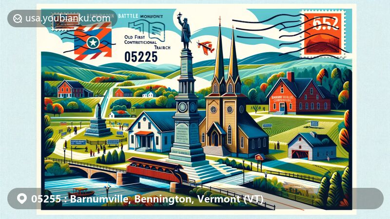Modern illustration of Barnumville, Bennington, Vermont, featuring iconic Bennington Battle Monument, Old First Congregational Church, Molly Stark Trail, Silk Road Covered Bridge, and Bennington Centre Cemetery with postal theme showcasing ZIP code 05255.