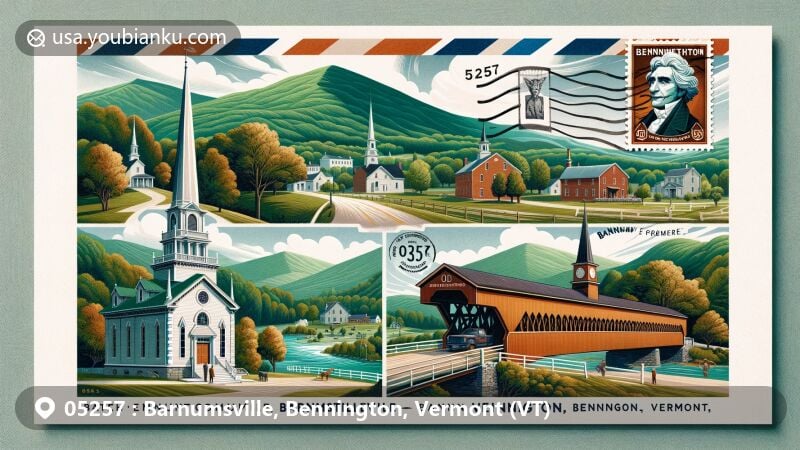 Modern illustration of Barnumsville, Bennington, Vermont featuring scenic green mountains, Bennington Battle Monument, Old First Church, a covered bridge, airmail envelope, vintage postage stamp with Robert Frost, and ZIP code 05257.