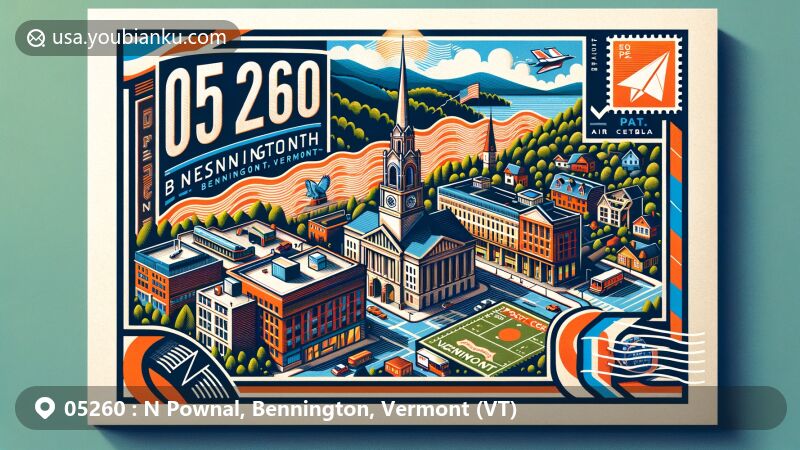 Modern illustration of N Pownal area in Bennington County, Vermont, highlighting postal theme with ZIP code 05260, featuring local landmarks, Vermont state flag, and postal elements like postcard and postage stamps.