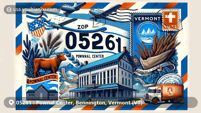 Vintage airmail envelope with '05261', highlighting Pownal Center, Bennington, Vermont, and Vermont state flag, integrating postal theme with Pownal Center symbols in modern illustration style.