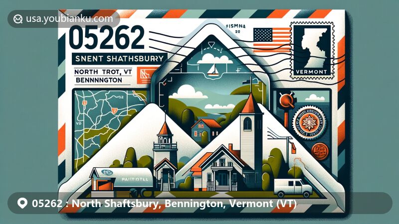 Illustration of North Shaftsbury, Bennington County, Vermont, capturing postal theme with VT state flag, Robert Frost Stone House Museum, and postal elements, reflecting rich cultural heritage and postal code 05262.