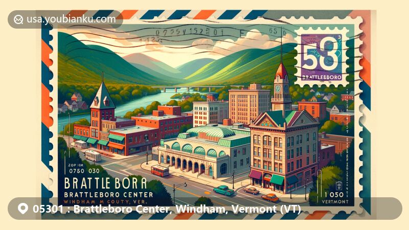 Modern illustration of Brattleboro Center, Windham County, Vermont, featuring Brattleboro Museum and Art Center, historic downtown along Connecticut River, Green Mountains, and Latchis Theatre, with vintage postal theme showcasing ZIP code 05301.