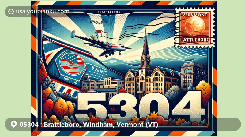 Vintage-style illustration of Brattleboro, Windham County, Vermont, featuring ZIP code 05304 and iconic landmarks like Latchis Theatre, with Vermont state flag stamp on airmail envelope.