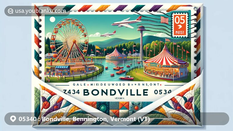 Modern illustration of Bondville, Bennington, Vermont, showcasing Bondville Fair with colorful fair scene, Gale Meadows Pond, quilt pattern, and postal symbols with ZIP code 05340.